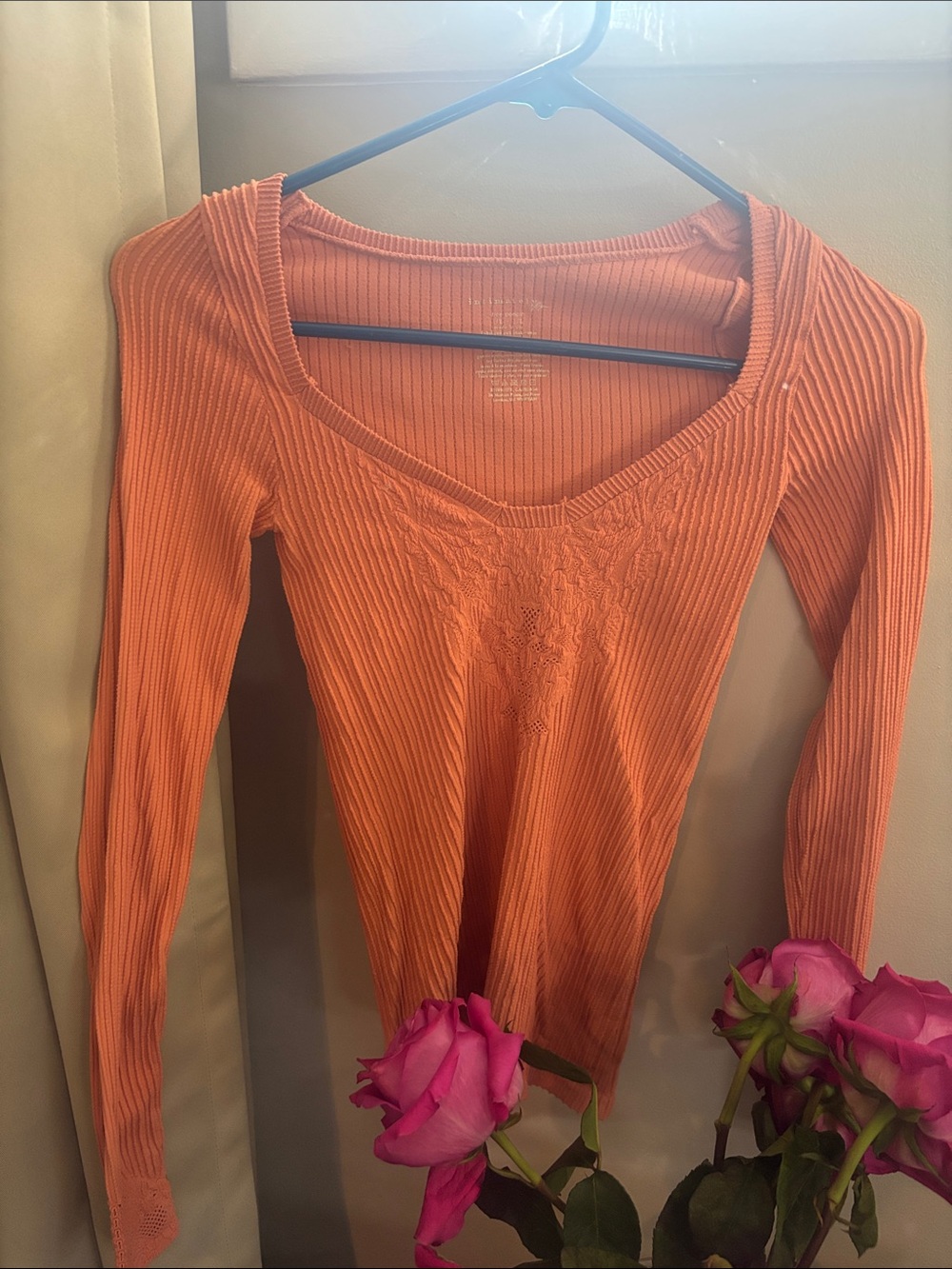 Free People Ribbed V-Neck Long Sleeve Top - Coral Orange